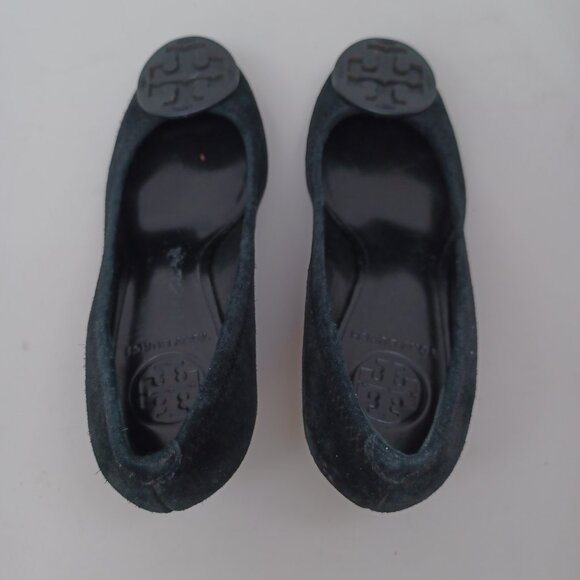 Tory Burch Shoes Sophie Miller Black Suede Wedge Leather Logo on Toe Womens 5 M - Picture 12 of 14